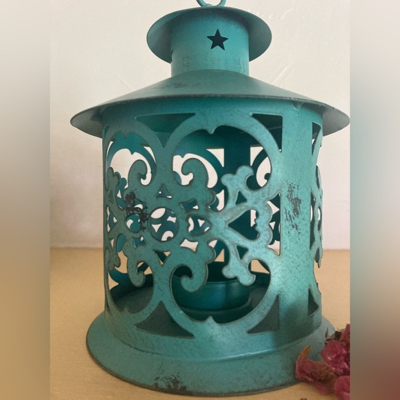 Two Decorative Teal Blue Metal Mini Tea Light Lanterns - Picture 4 of 9